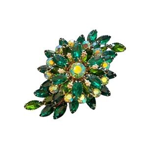 Vintage Austrian crystal Emerald greens & Gold Floral leaf statement Brooch RARE